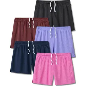 5-Pack Women's Athletic Shorts Mesh Basketball, Ladies Active Loose Pull-On Shorts with Zipper Pockets, 5" Inseam