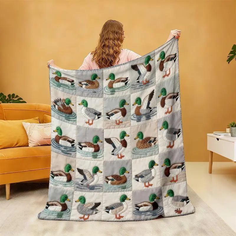 1pc Quilted Flannel Blanket with Mallard Print Soft Comfy Lightweight Warm Versatile Throw for Sofa Bed Office Camping All Season Gift Cozy Bedroom Blanket