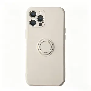 Liquid Silicone Style Ring Holder Phone Case – Compatible with iPhone 12/13/14/15/16 Full Series, Cream White Solid Color, Soft TPU, Skin-Friendly Touch, Anti-Fingerprint, Anti-Scratch Shockproof, Rotatable Ring Stand, Car Mount Ready for Daily Use