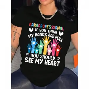 Women 100% Cotton Paraprofessional Graphic T-Shirt Full Colorful Handprints Hearts Heavyweight 180gsm Casual Short Sleeve Round Neck Tee for Healthcare Workers Therapists Teachers