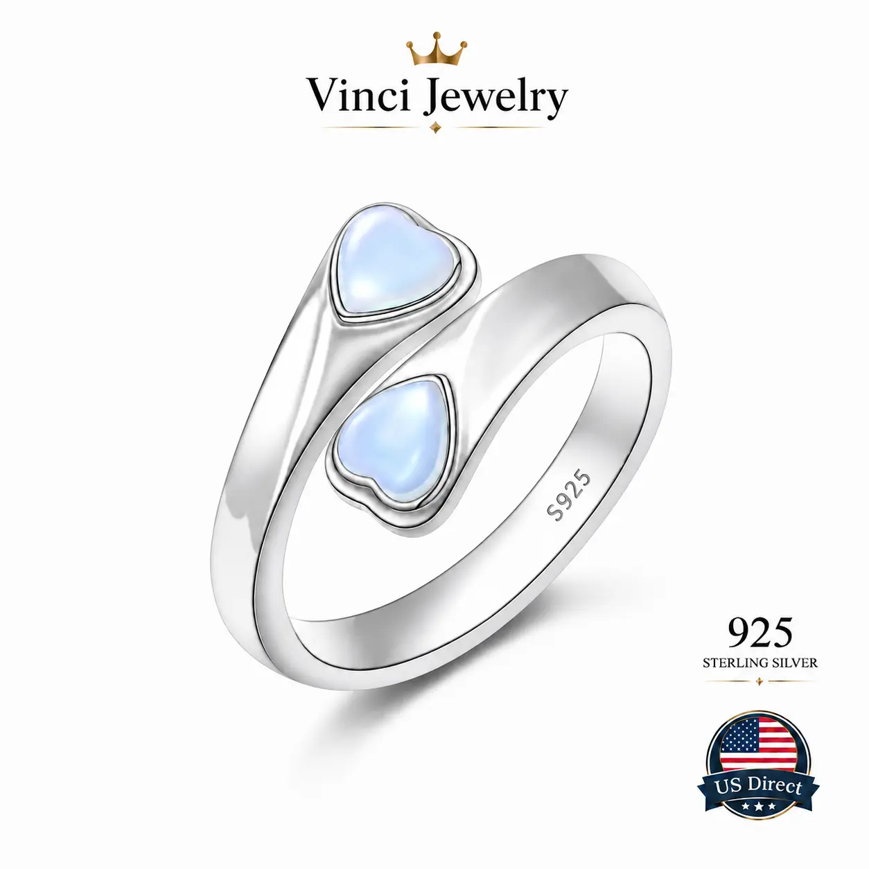 925 sterling silver Minimalist Open Heart Moonstone Ring Adjustable Sterling Silver Promise Ring Romantic Aesthetic Jewelry for Women Everyday Wear Date Night Vacation Party Wedding Guest Anniversary Birthday Gift Cute Elegant Fashion Statement