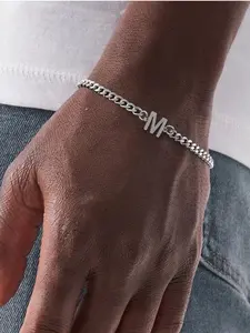 Men's Fashion Silver Color Stainless Steel Cuban Chain Bracelet, Casual Letter Pattern, All Seasons Jewelry Accessory, Casual Trendy Jewelry