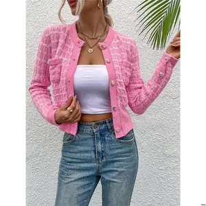 Wear Daily Cardigans Fit Sleeve Regular Casual Front Button Patched tiktok ChicEase Pocket Cardigan Ladies Spring / Fall Gold Round Neck Pink Plain Women