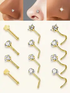 12 Pcs Rhinestone Nose Rings, 20g Stainless Steel Piercing Jewelry, L/S/1 Shaped Women's Nose Studs, Daily Wear Accessories