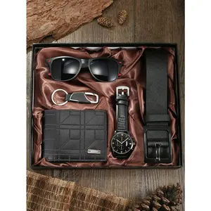 Conjunto de caixas de presente de couro versátil masculino, elegante e versátil, óculos bonitos, cinto, chaveiro,carteira casual