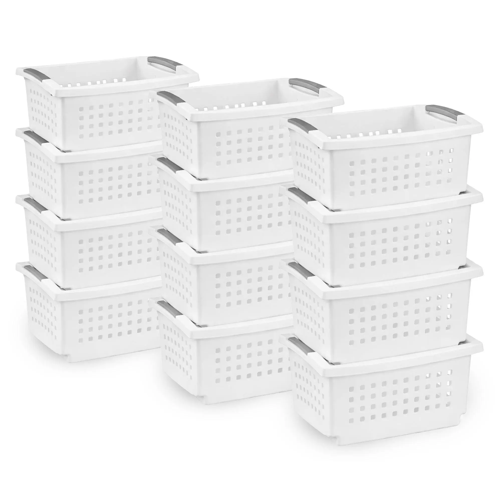 Sterilite Small Stacking Basket, Open Top Storage Bin w/ Handles, 12 Pack, White