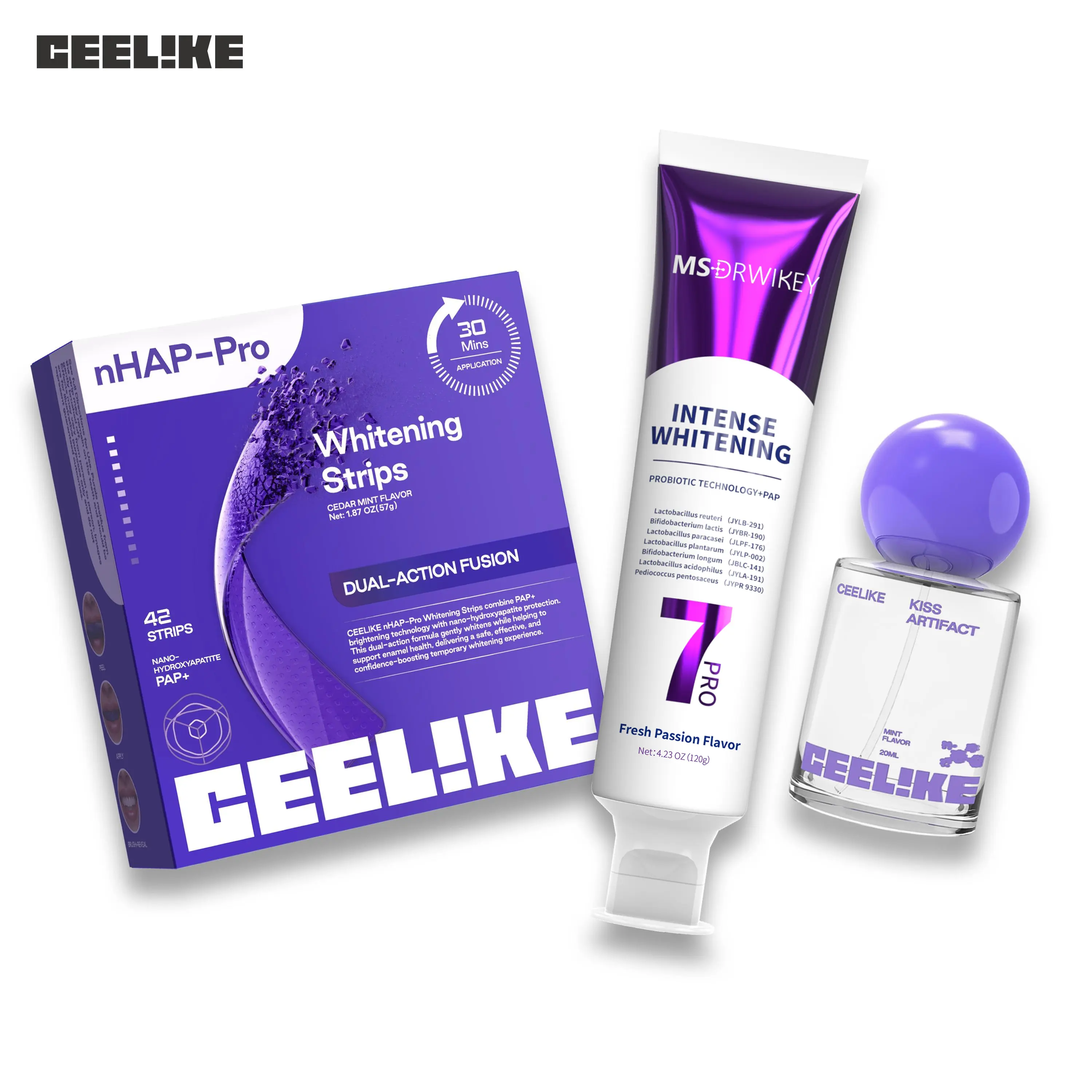 Ceelike All-Purple Whitening Set Strips + Toothpaste + Oral Spray | 3-in-1 Teeth Whitening Kit Ceelike All-Purple Whitening Set Strips + Toothpaste + Oral Spray | 3-in-1 Teeth Whitening Kit