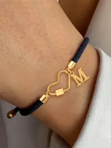 Heart-Shaped Carabiner Lock Initial Pendant Women's Bracelet, Classic Adjustable Rhinestone Design, Casual All Seasons Hand Rope