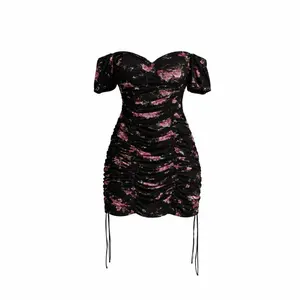 Blashe Black Floral Ruched Off-Shoulder Dress with Tie-Sides for Women