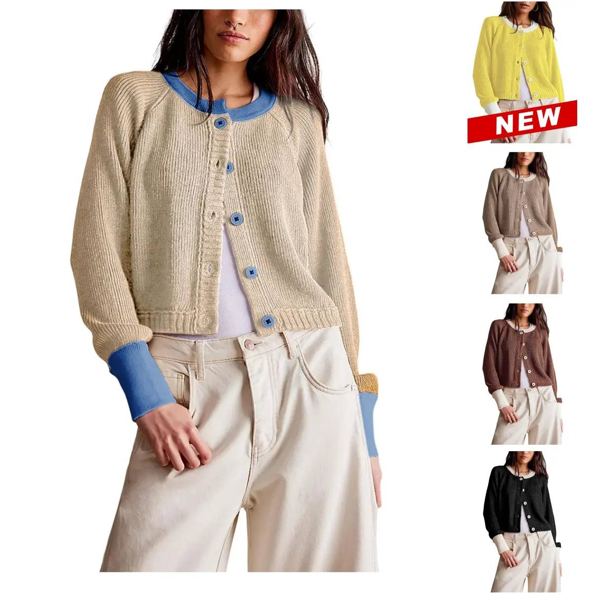 Tanming Women's Elegant Color Block Knitwear - Button-Up Long Sleeve Cropped Viscose Cardigan Jacket, Casual Round Neck Everyday Dress Tops for Day Wear, Apricot,summerwins