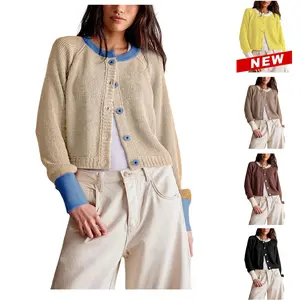 Tanming Women's Color Block Cardigan Sweaters Button-Up Long Sleeve Cropped Knitted Jacket Casual Round Neck Trendy Tops Apricot Viscose Material
