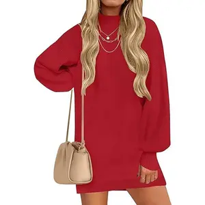 ZESICA Women's 2025 Fall Turtleneck Sweater Dress Oversized Long Lantern Sleeve Casual Knit Pullover Mini Dresses