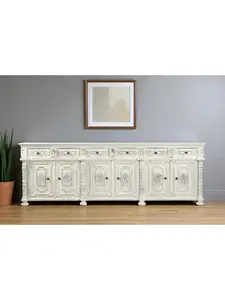 HomeRoots 642288 40 x 118 x 19 in. White Distressed Solid Wood Carved Floral 6 Drawers Sideboard with 6 Doors