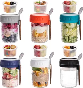 6 Pack Overnight Oats Containers with Lids and Spoons, 16 OZ Glass Mason Jars with Removable Separate Compartments, Airtight Leak Proof Oatmeal Container for Chia Pudding, Yogurt, Breakfast, Cereal