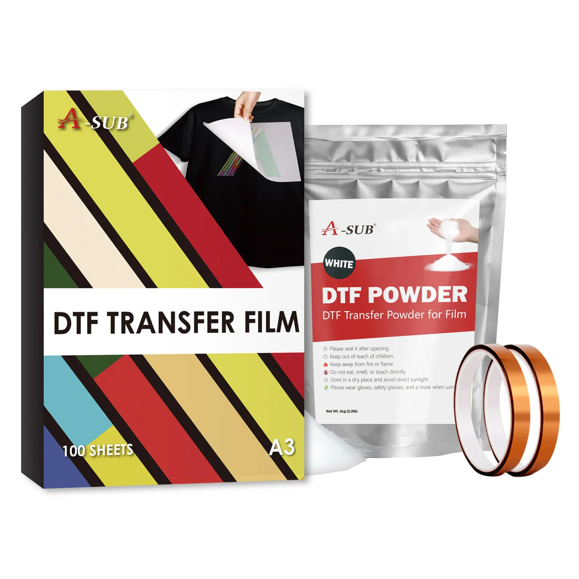 A-SUB DTF Kit for Beginners (DTF HACK is suitable for ordinary inkjet printers,Waterproof, resistant to water washing)(Including A3 DTF film×100 pcs / DTF Power 1000g / Heart-resistant Tape×2)