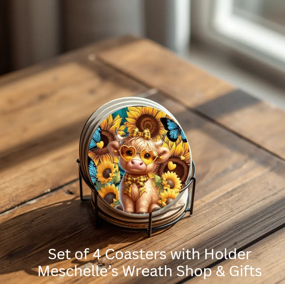 Ceramic Cow & Sunflowers Round Tableware Coasters, Set of 4 with Metal Holder for Coffee Cups