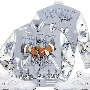 Retro White Metallic 5s Outfits Varsity Jacket, Tattoo Trust No One T-Shirts To Match Sneakers Streetwear