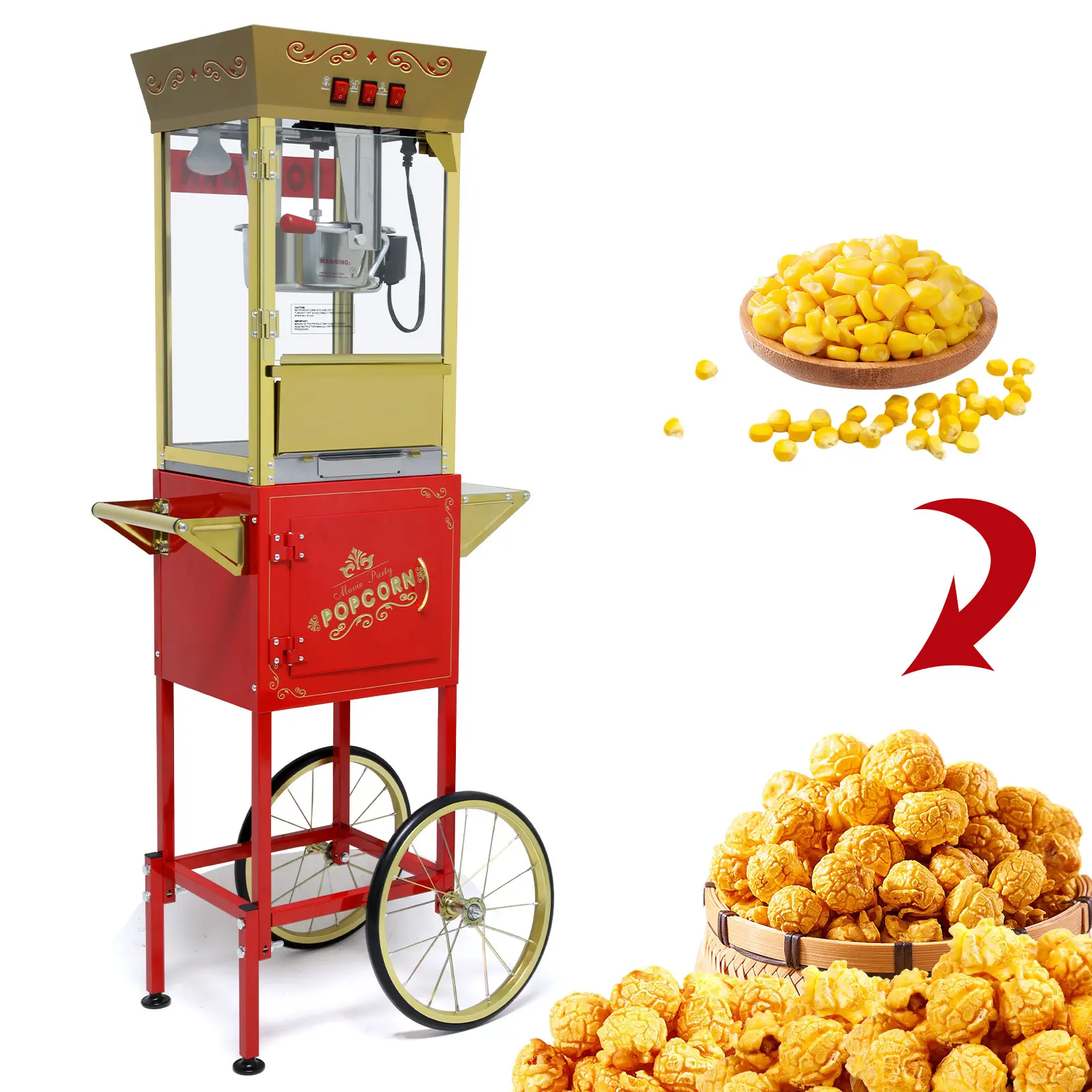 12oz Popcorn Machine Cart, Popcorn Cart with Wheels, Vintage Popcorn Machine with Stainless Steel Kettle, Movie Theater Style Popcorn Machine for Party, Red