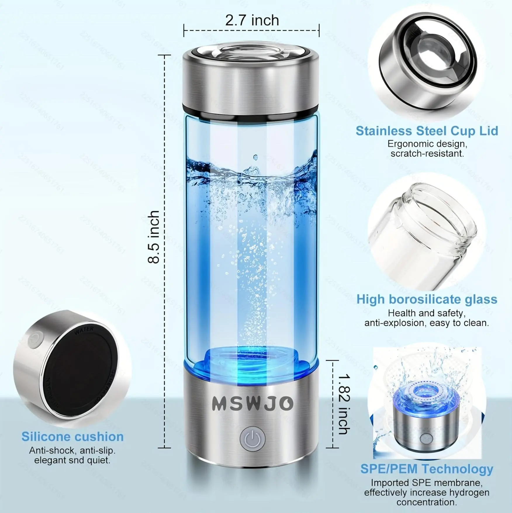 Hydrogen Water Bottle, Hydrogen Rich Water Generator, Rechargeable Portable Glass Hydrogen Water Ionizer Machine with SPE and PEM Technology, for Daily Office Home Travel and Fitness Drinking Drinkware Drinkware Drinkware Lid Lid Tumbler Mug Bottled