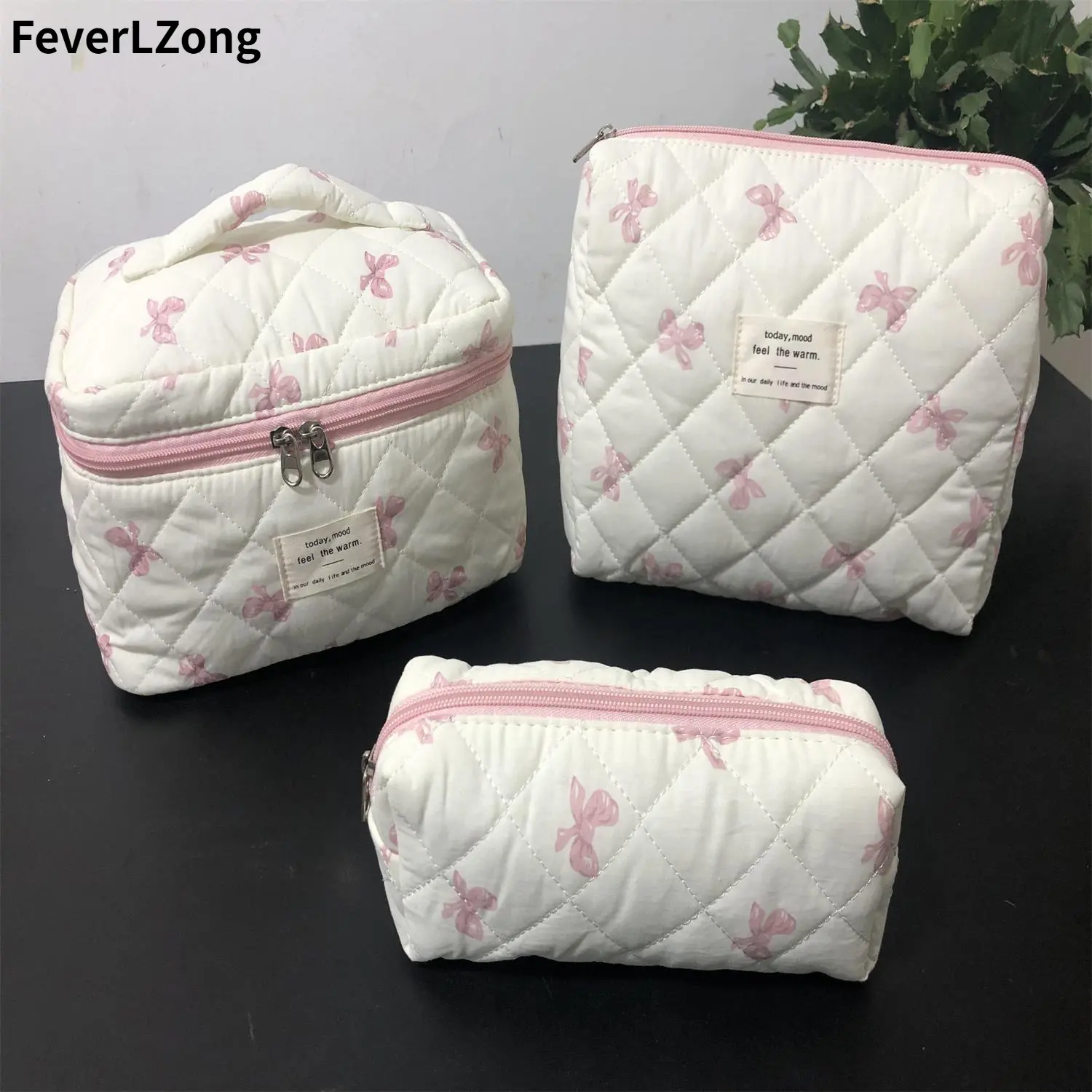 Goddess Bow Printed Makeup Bag Set Padded Cotton Cosmetic Bag Set Padded Cotton Cosmetic Bag Set with Pink Bow Design and Quilted Texture 3pc  bag  set pouch  organizer  singles