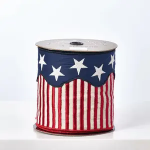 D. Stevens Patriotic Stars & Stripes Embroidered American Flag Wired Ribbon Spool