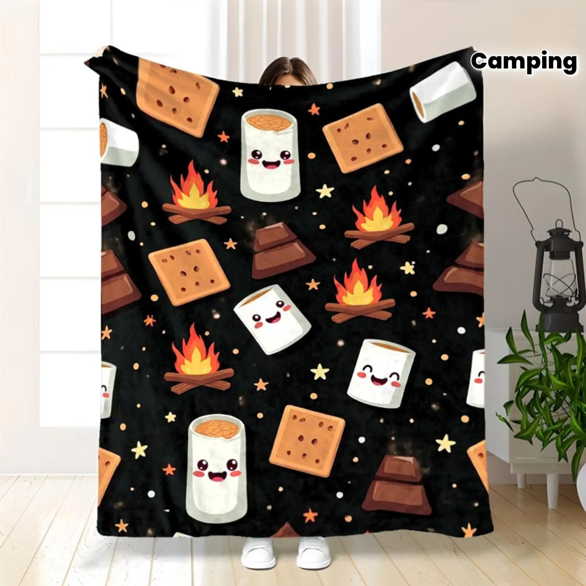 Tightly Woven Modern Flannel Bonfire & Marshmallow Blanket - Tight Weave, Wrinkle Resistant, Fade Resistant, Durable, Soft, Heat-Retentive, Compact All-Seasons Blanket for Camping, Bedrooms