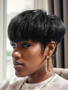 black color Pixie Cut Short Straight Real Human Hair Wig, Machine Made Wigs Natural Looking Pixie Wig for Daily & Party Use, Stylish Gift for Women
