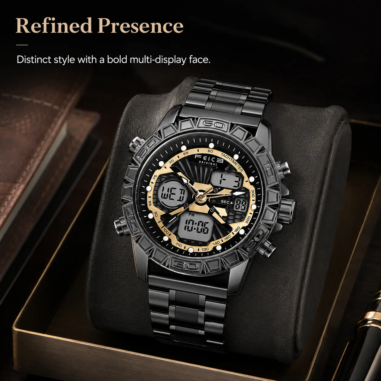 FEICE Men's Leather Strap Wrist Watch - Calfskin Strap, 46mm Round Dial, Sport-Business Style, Analog-Digital Display, Date+Alarm Functions, 30M - 50M Water Resistant, Clasp Closure, Electronic Quartz Watch, Electronic Wrist Quartz Watches