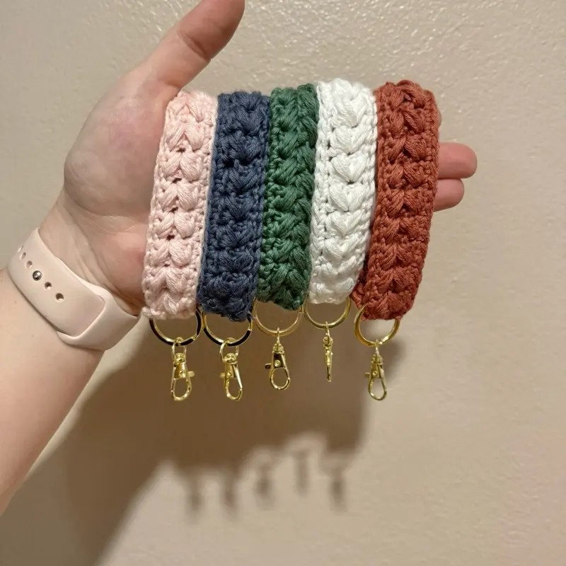 Crochet Puff Wristlet Keychain - Colorful Handmade Accessory with Gold Hooks for Fashionable Use