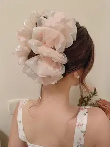 Oversized Floral Chiffon Scrunchie, Soft Girl Aesthetic Hair Tie, Romantic Spring Hair Accessory, Coquette Style Bun & Ponytail Holder