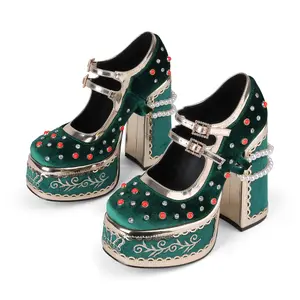 CYNLLIO Womens Platform Mary Jane High Heels Square Toe Flower Adjustable Ankle Strap Slip On Comfy Fashionable Colorful Studs Pearl Chain Chunky Platform Heeled Modern Wedding Party Outing Dating Cosplay Casual Dress Spring Pump Shoes