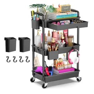 3 Tier Rolling Utility Cart Organizer with Drawer – Sturdy Storage Cart with Lockable Wheels for Bathroom, Kitchen, Crafts & Baby Essentials