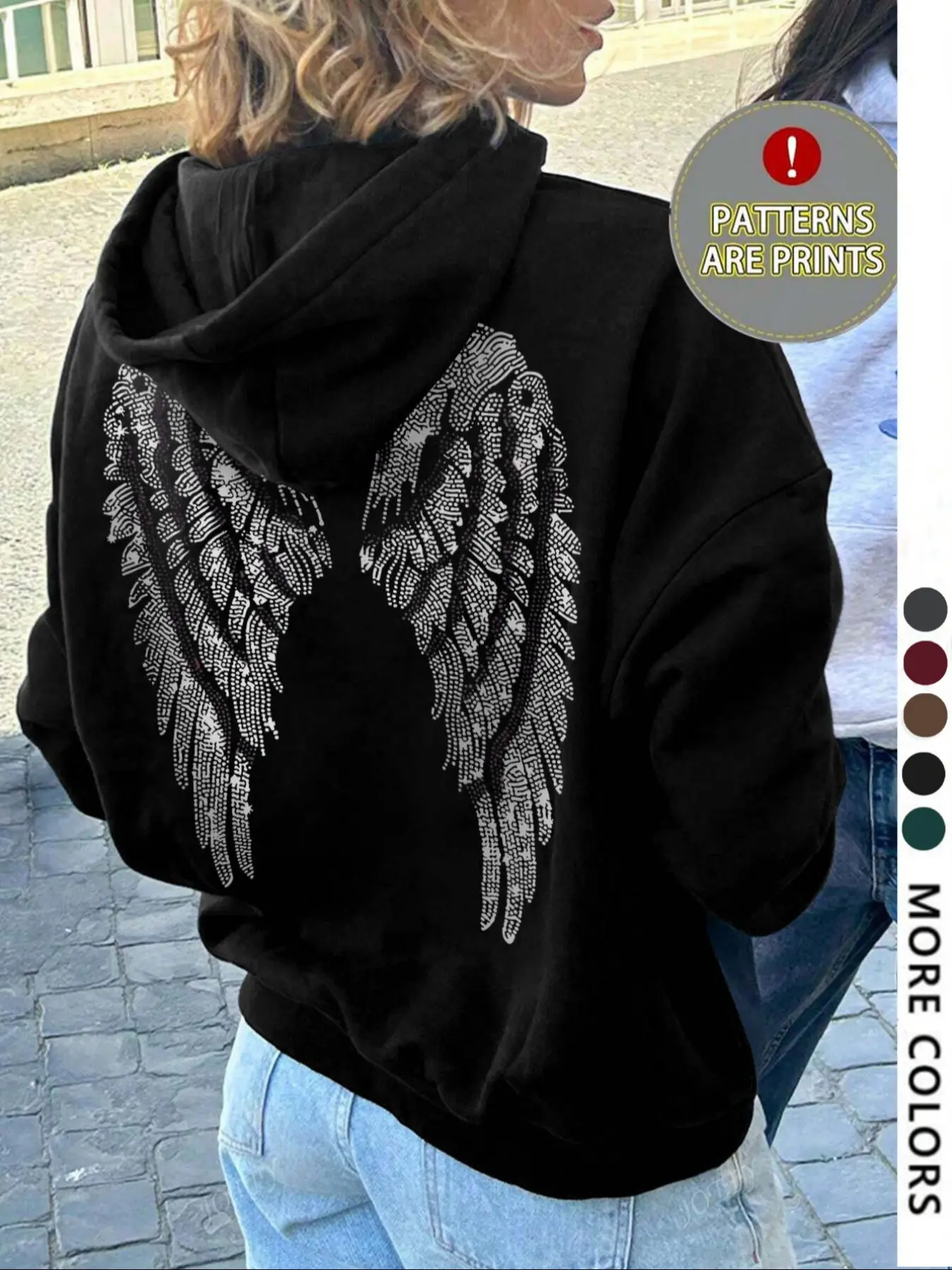 Women's Hooded Sweatshirt Pullover with Graphic Unique Wing Print, Soft Casual Loose Fit Pocket Top, Fashion Outdoor Daily Wear, Street Style Spring Fall Jacket