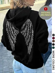 Women's Hooded Sweatshirt with Graphic Wing Print, Soft Casual Loose Fit Pocket Top, Fashion Outdoor Daily Wear, Street Style Spring Fall Jacket