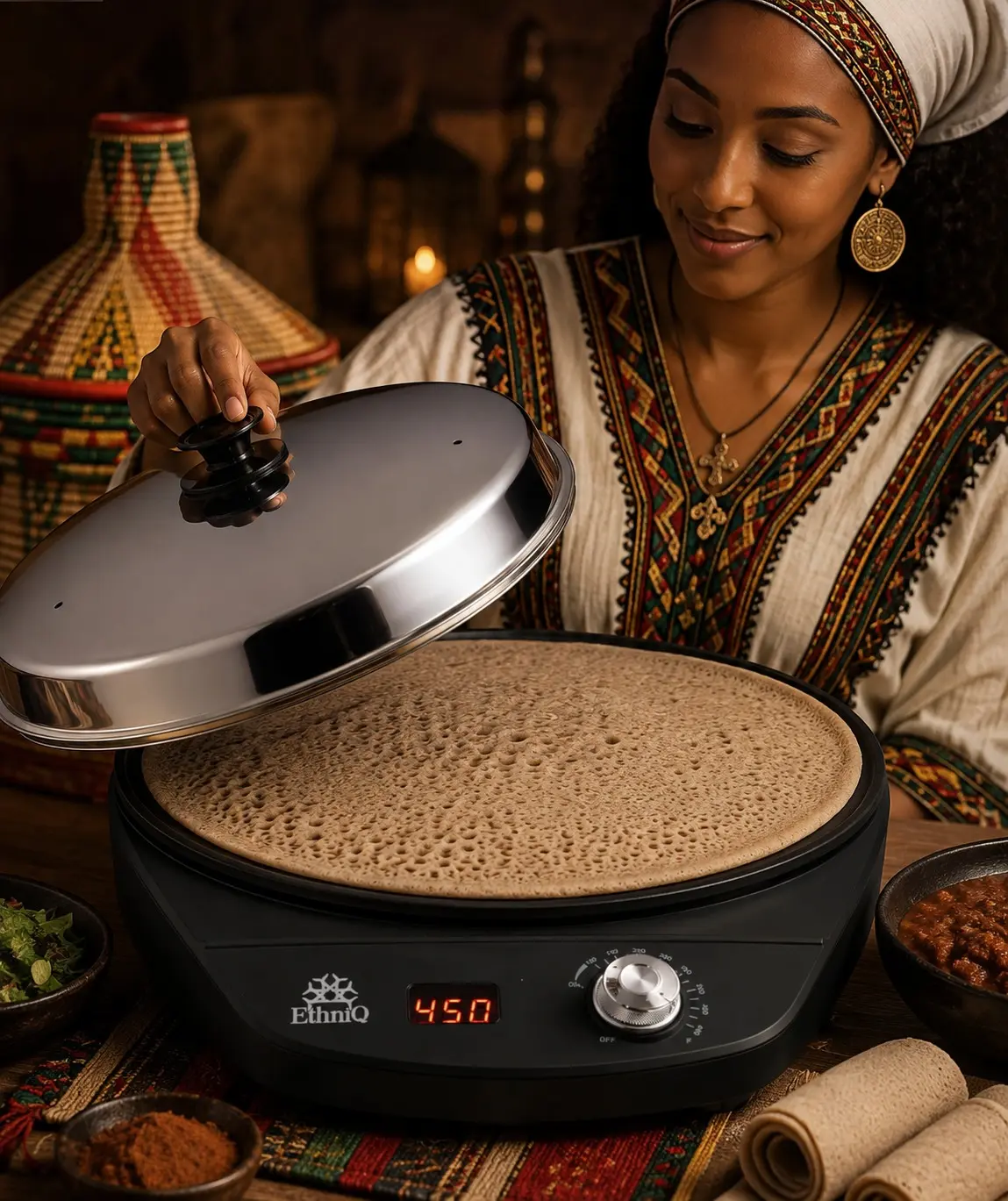 Ethniq 16" Electric Injera Maker - Countertop Crepe Pancake Maker for Ethiopian Mogogo, Anjero, Mitad, Teff - Digital Screen, Adjustable Heat Control, Non-Stick Surface, Even Heat Distribution, Countertop Crepe Makers