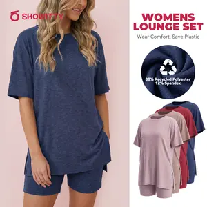 SHOWITTY Womens Lounge Set – Short Sleeve Crew Neck Top and Shorts Set, 88% Recycled Polyester Pajama Outfit with Side Pockets, Soft Stretch 2 Piece Outfit