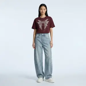 TCH couple style short sleeved T-shirt for summer of 26 years, heavy industry diamond hot stamping butterfly loose and versatile casual round neck top, women's trend