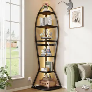 Artistic Fish-Inspired Corner Shelf with LED Lights, 6-Tier Tall Corner Bookshelf with Multi-Depth Display, Space-Saving Storage Unit with Remote Control for Bedroom & Living Room