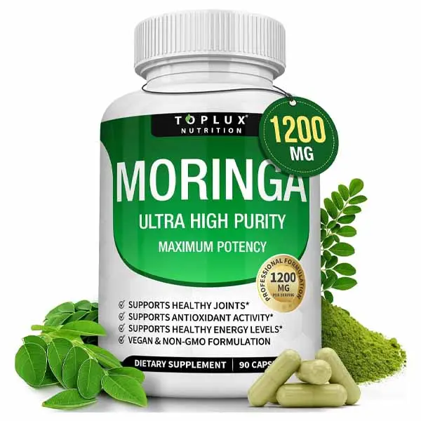 Toplux Moringa Capsules 1200mg – Pure Moringa Powder High Potency Leaf Extract Green Superfood Rich in Antioxidant, for Energy & Immune Support, Vegan Non-GMO 90 Capsules