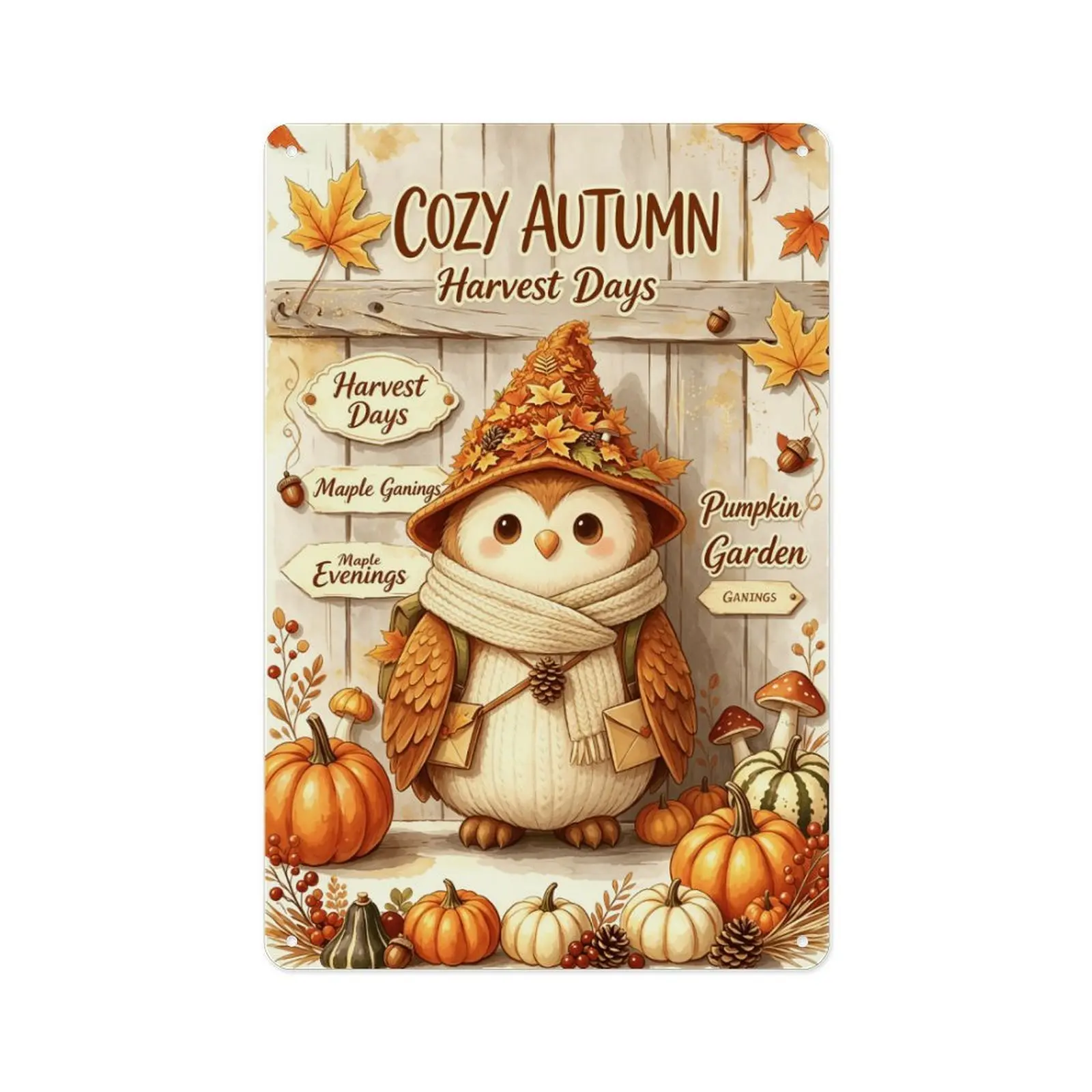 12×8 Inch Cozy Autumn Harvest Days Cute Owl Metal Tin Sign, Fall Pumpkin Maple Leaf Wood Grain Aluminum Wall Plaque, Farmhouse Thanksgiving Decor god bless vintage wall art durable indoor