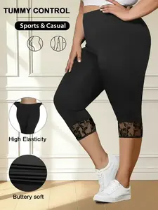 High Waist Lace Cuff Tight Fit Pants, High Elasticity Seven-Quarter Pants, Abdominal Control, Butter Soft Fabric, Comfortable Fashion Casual Women's Clothing, Bottom, Legging