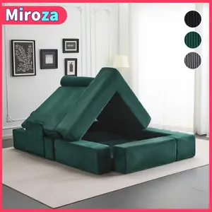 【Miroza】Convertible Modular Blocks Sofa Bed, Modern Sectional Couch with Fixed Frame, Velvet Curdory for Living Room and Bedroom, Suitable for Adults Children Pets, DIY Home Decor, Colors:Green/Dark grey/Black