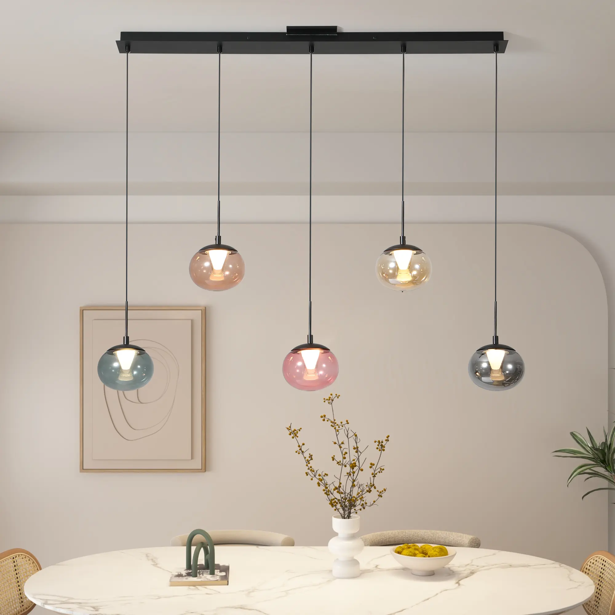 Chandelier Modern Dining Room Light Fixture 5-Light Glass Globe Kitchen Island Lighting Hanging for Farmhouse Linear Chandeliers Mid Century Chandelier