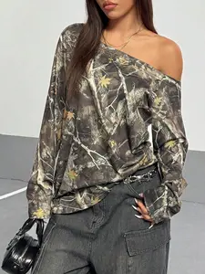 Women's Camo Print Off Shoulder Tee, Casual Tree Print Long Sleeve T-shirt for Daily Wear, Ladies Clothes for All Seasons, Bohemian Casual Top