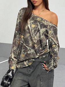 women's camo print off shoulder tee, casual tree print long sleeve t-shirt for daily wear, ladies clothes for all seasons, top