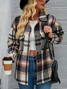 Women's Long Sleeve Plaid Overcoat, Loose-Fitting Lapel Design, Casual Style Outerwear Plaid Print Jacket for Fall & Winter Seasons