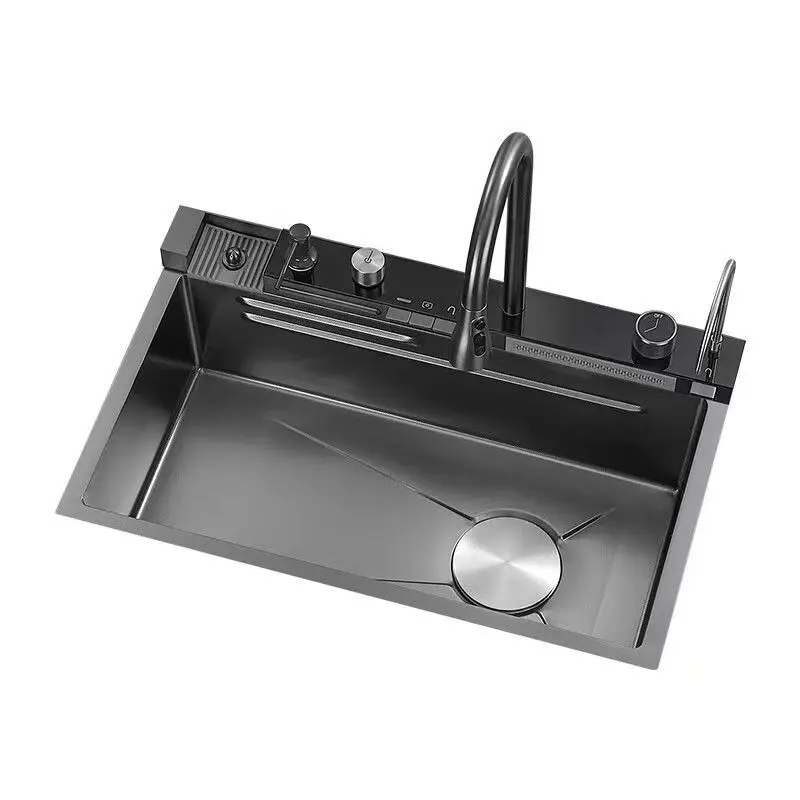 Black Nano 304 Stainless Steel Metal Kitchen Single Bowl Sink, Adjustable Piano Keys Control, Side Fast Drainage, High Pressure Cup Washer, 3-Mode Pull Out Rainfall Faucet, Ambient Lighting Multifunctional Farmhouse Food Prep Washing Basin