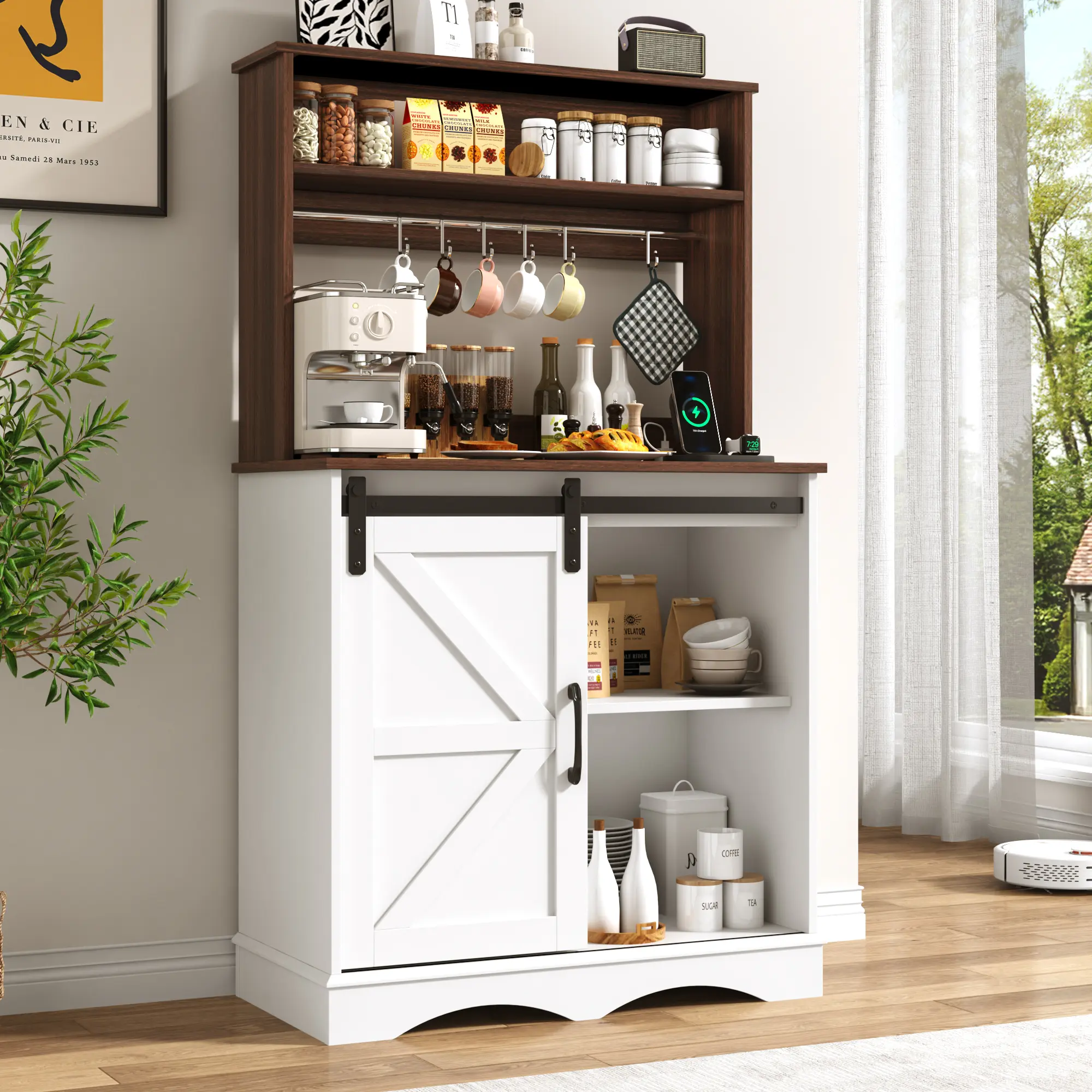 55.1" H Farmhouse Coffee Bar Cabinet w/Storage Hutch, Kitchen Coffee Station w/Charging Station, 6Hooks, Rustic Buffet Cabinet w/Sliding Barn Door&Adjustable Shelf for Kitchen, White/Gray