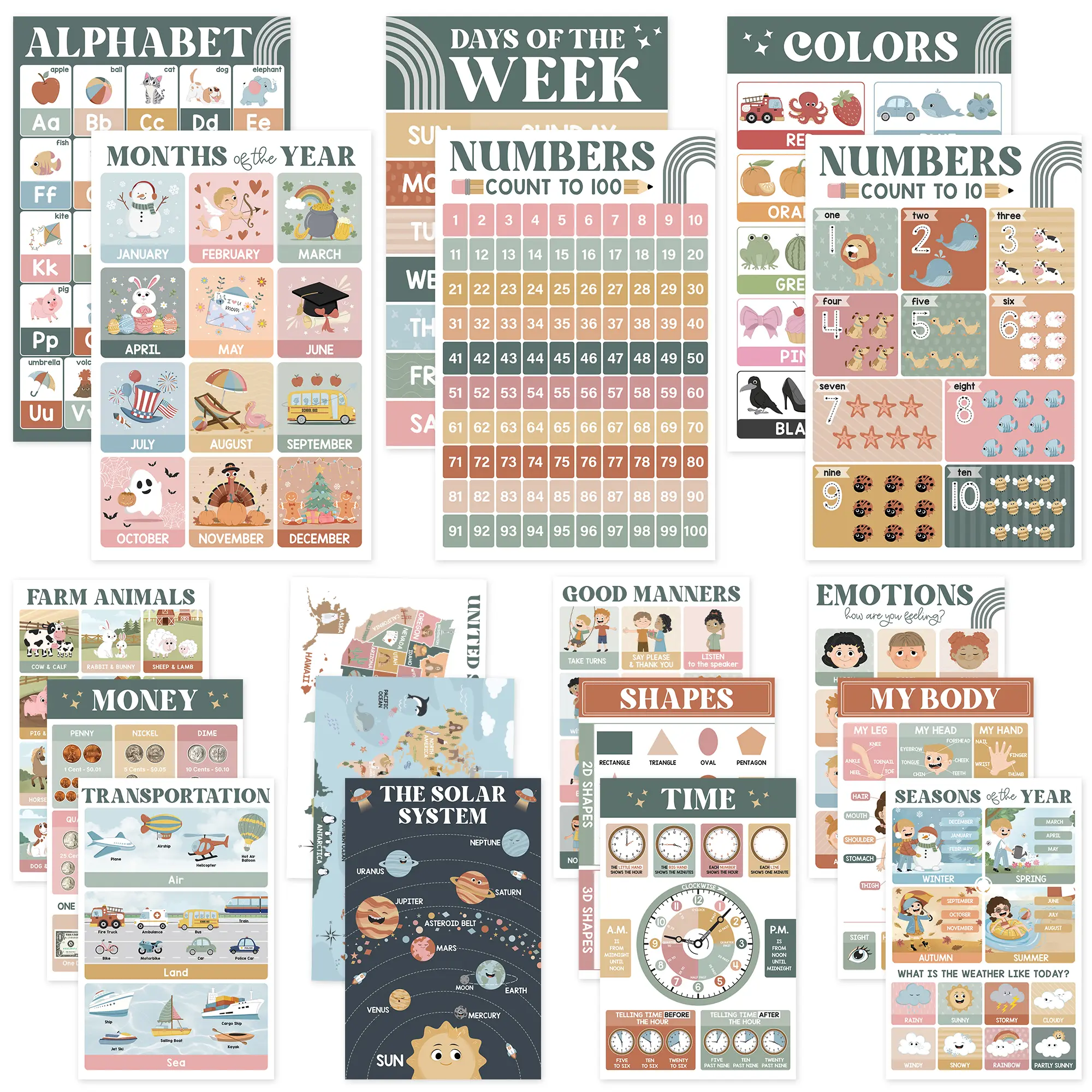 18 Educational Posters for Preschool Toddlers Homeschool Supplies Classroom Decor, Back to school, Learning Materials Learning Tool educational learning tools