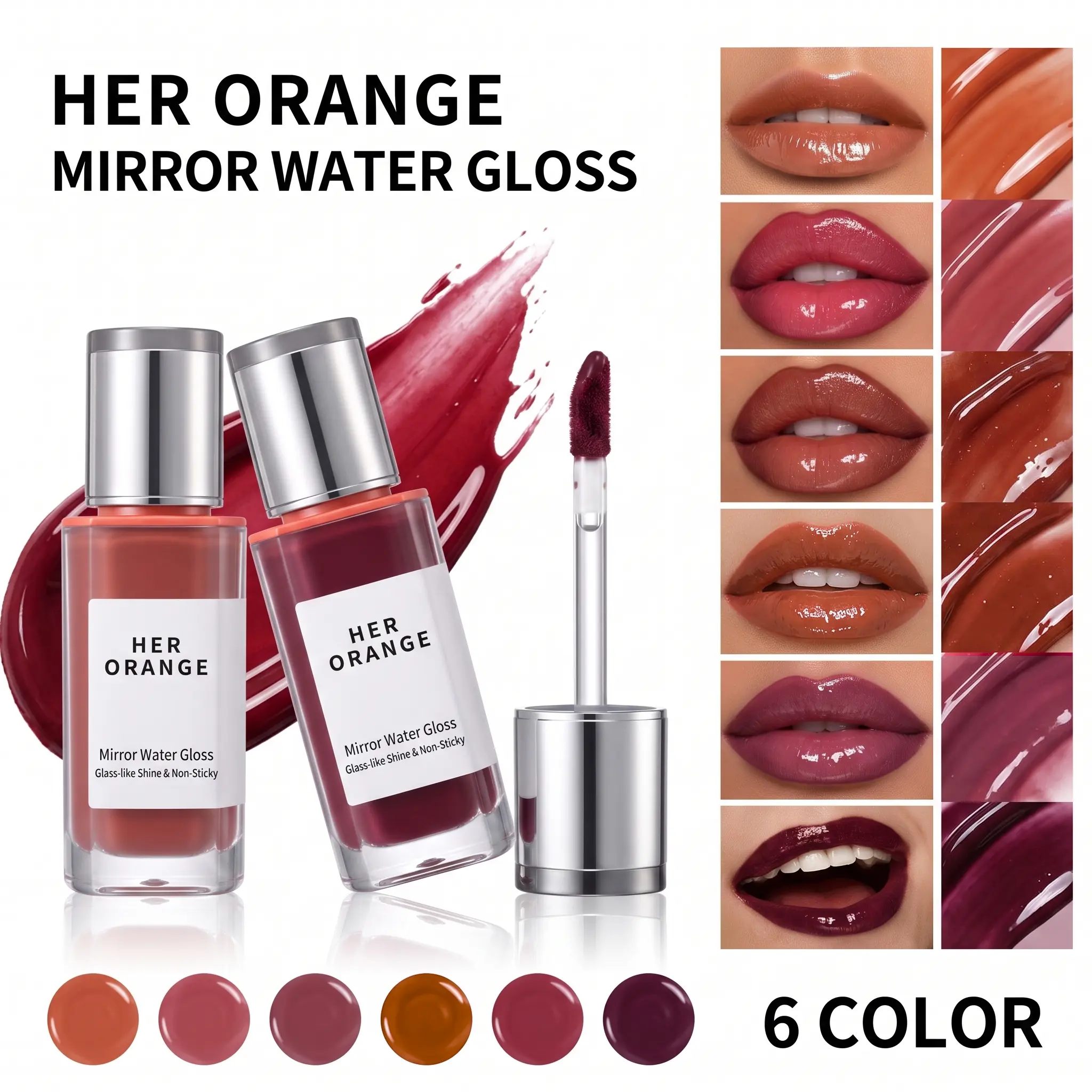 HERORANGE Mirror Water Lip Gloss, 6 Trendy Shades Hydrating Non-Sticky Glass-Like Lip Tint, Long Lasting Juicy Plump Glossy Lips Makeup for Daily & Party Look